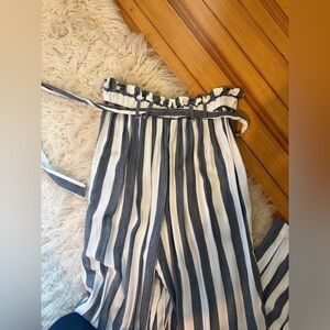 Striped Paperbag Waist Flowy Pants — Navy & White